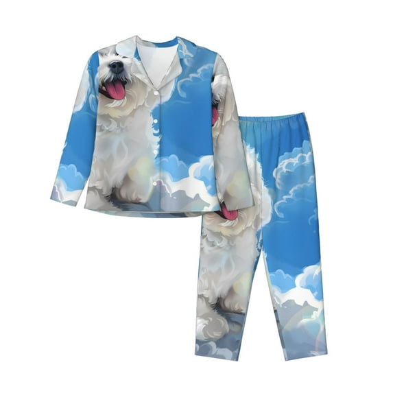 Xecao Cute Cloud Bichon Frise Print Women Pajamas Set Soft Sleepwear Pjs long Sleeve Button Down Nightwear with Long Pants