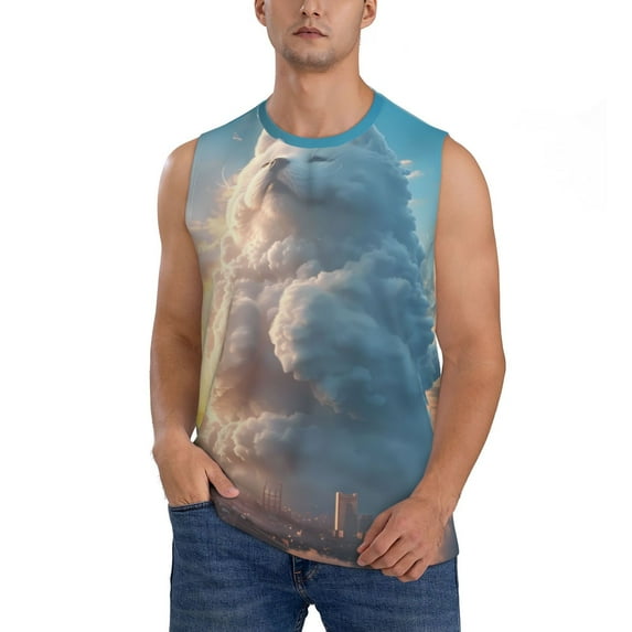 Xecao Cute Cloud Cat Print Men's Tank Top: Sleek Sleeveless Tee for Casual Sports and Beach Occasions-Small
