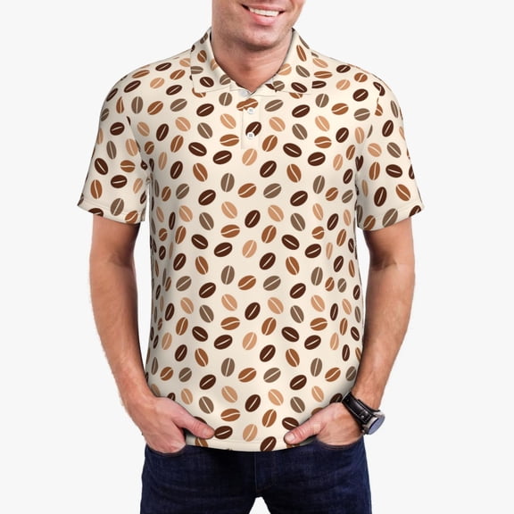 Xecao Cute Coffee Bean Print Mens' Casual Short Sleeve Button-Down Polo Shirts for a Classic Golf Shirts-X-Large