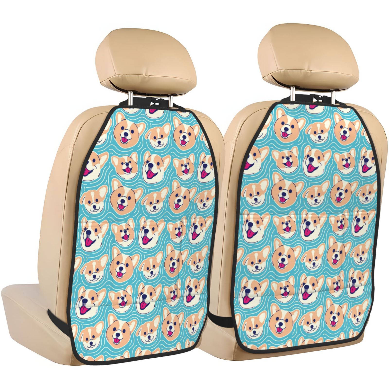 Xecao Cute Corgi Head Pattern Car Seat Back Protector 2 Pack Large Capacity Pocket, Kick Mats Back Seat Protector