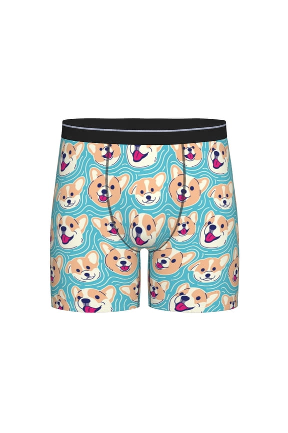 Cute Corgi Head Print Boxer Briefs for Men's Stretch Moisture-Wicking Underwear, Mid-Rise Classics breathable fabric