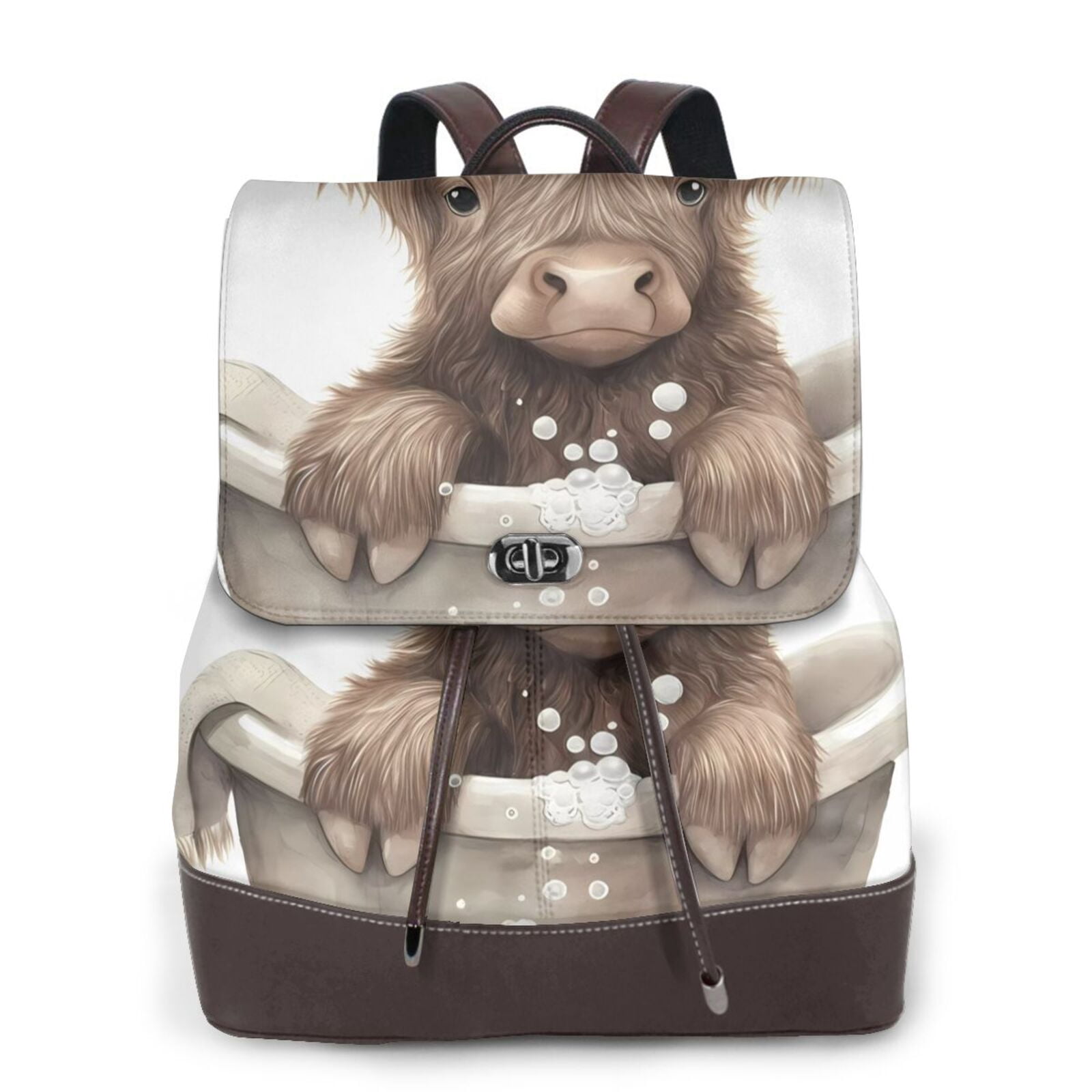 Xecao Cute Cow Bath Print Large Backpack Soft Leather for Women Travel with Compartment, Adjustable Convertible Strap