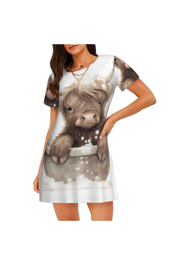 Cute Cow Bath for Women's Loose Nightgown Sleepwear Short Sleeves Shirt Casual Print Sleepdress