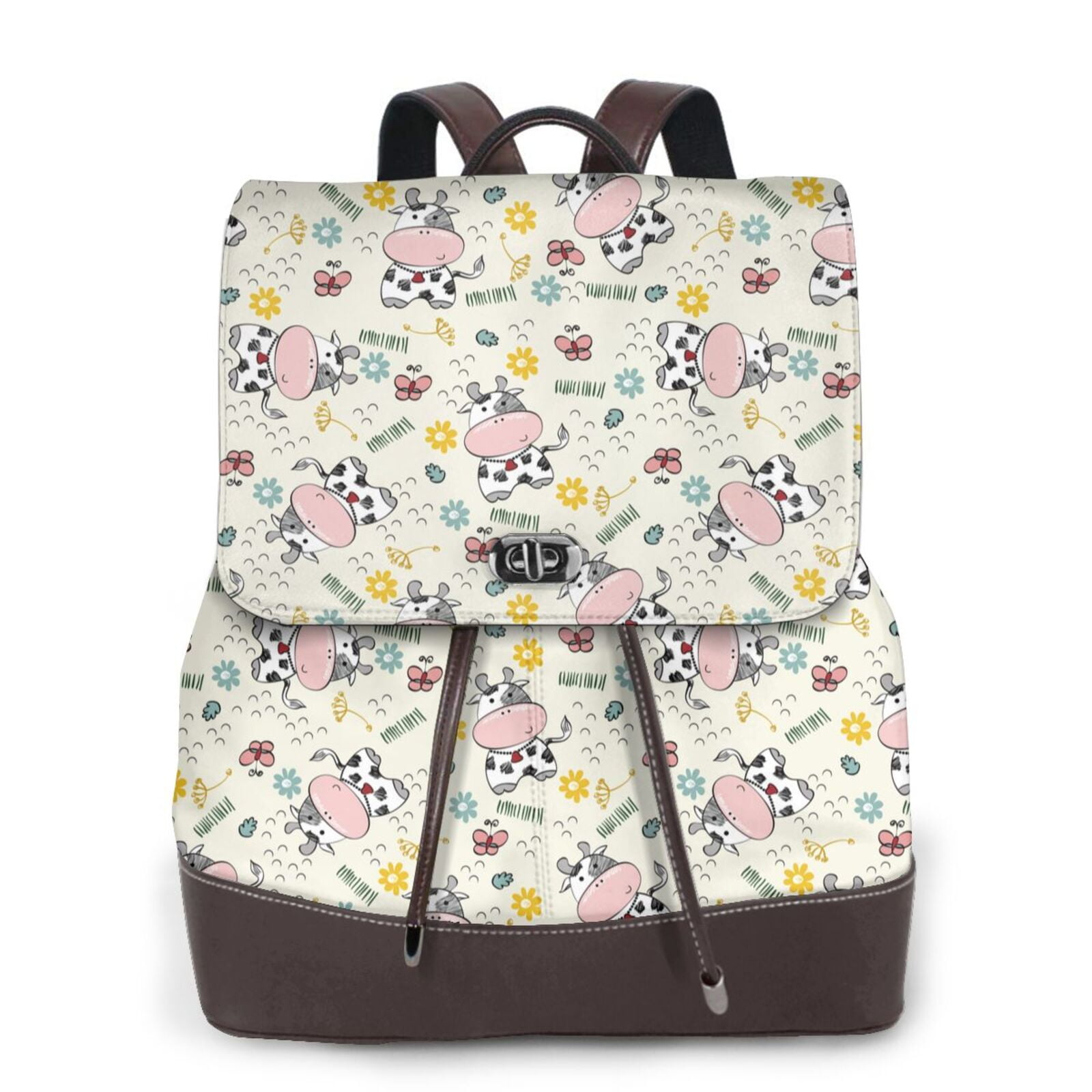 Xecao Cute Cow Print Large Backpack Soft Leather for Women Travel with Compartment, Adjustable Convertible Strap