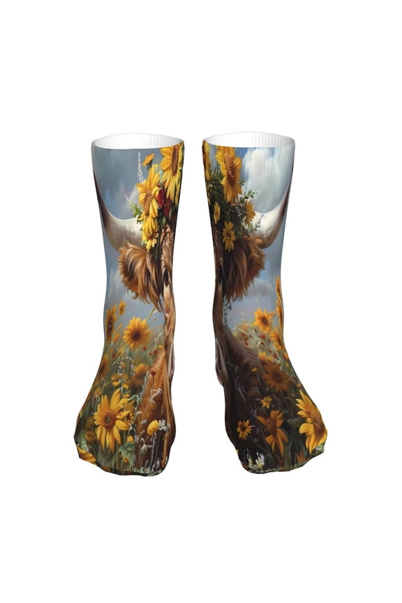Cute Cow Sunflower Crown A Print Fashion No Heel Casual Crew Socks Cushioned Breathable for Men Women - Moisture wicking,Not easy to fade Suitable for daily