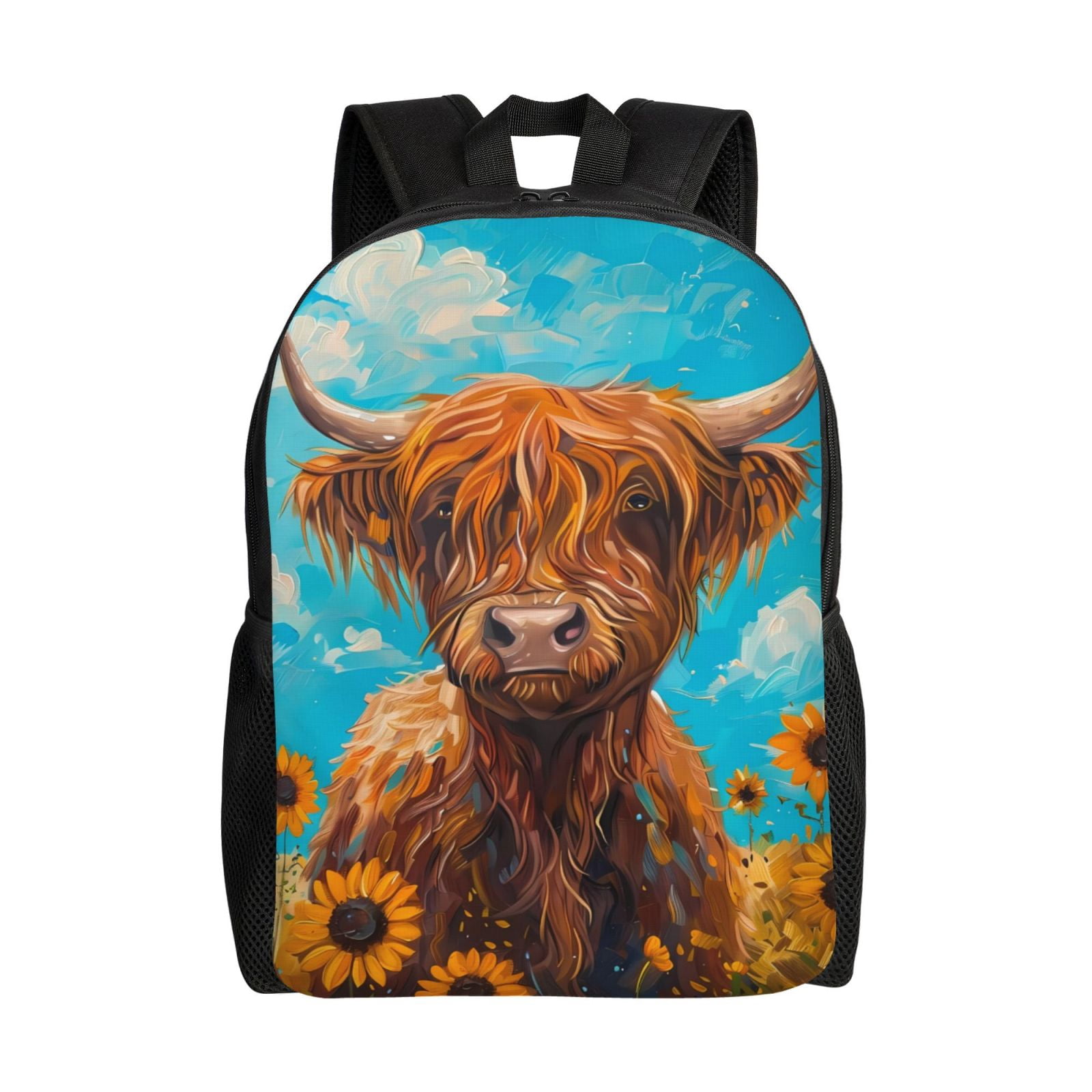 Xecao Cute Cow Sunflowers Art Print School Backpack with Laptop Compartment Small Travel Laptop Backpack for Women Men Waterproof College Backpack Simple School Bag
