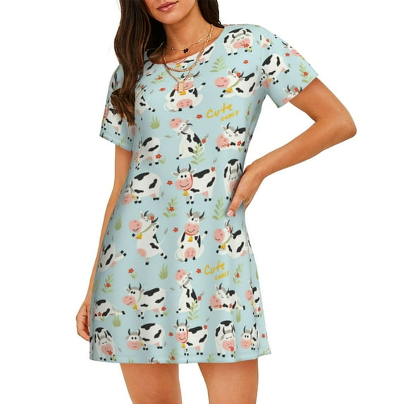 Xecao Cute Cows for Women's Loose Nightgown Sleepwear Short Sleeves Shirt Casual Print Sleepdress