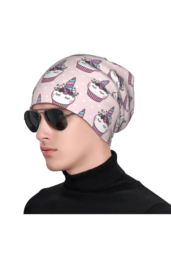 Cute Cupcake Print Beanie Knitted Hat for Men Women, Winter Fashion Knit Cuffed Caps Unisex