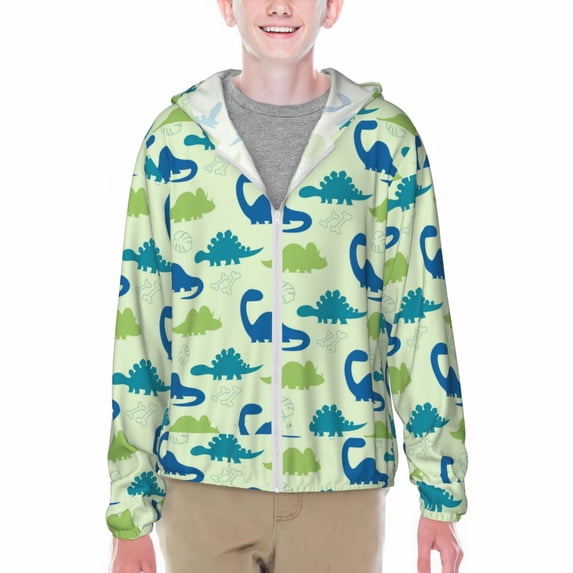 Xecao Cute Dinosaur Blue Green Print Fishing Shirts for teenager Long Sleeve UV Sun Protection Hoodie with Zipper Outdoor Hiking Shirts-X-Large