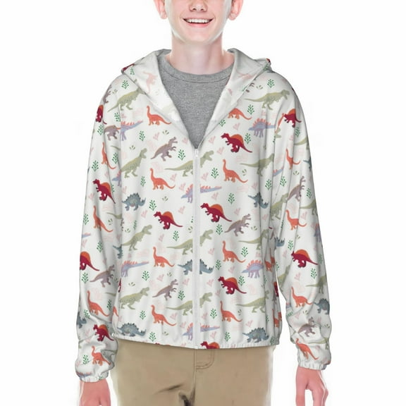 Xecao Cute Dinosaur Print Fishing Shirts for teenager Long Sleeve UV Sun Protection Hoodie with Zipper Outdoor Hiking Shirts-X-Large