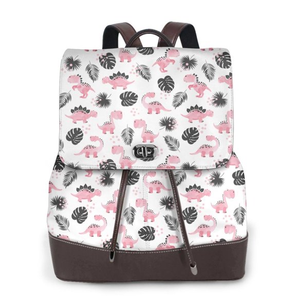 Xecao Cute Dinosaur Print Large Backpack Soft Leather for Women Travel with Compartment, Adjustable Convertible Strap
