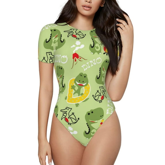 The Xecao Cute Dinosaurs Cartoon Women's Crew Neck Body Suit, a short-sleeved bodysuit and basic swimsuit, both comfort and style for dating and daily life