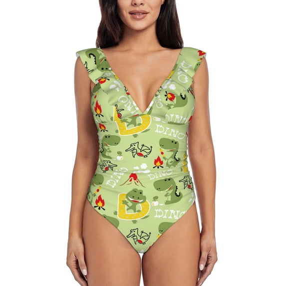 Xecao Cute Dinosaurs Cartoon print Ruffle One-Piece Swimsuit for Women,for the Beach or Pool