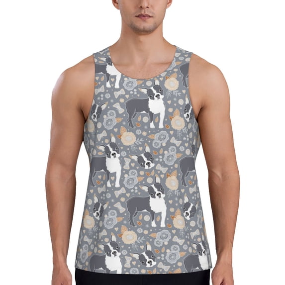 Xecao Cute Dog And Flowers Men's Tank Top Workout Quick Dry Sleeveless Gym Jogging Muscle Shirts Summer Swim Beach Tops