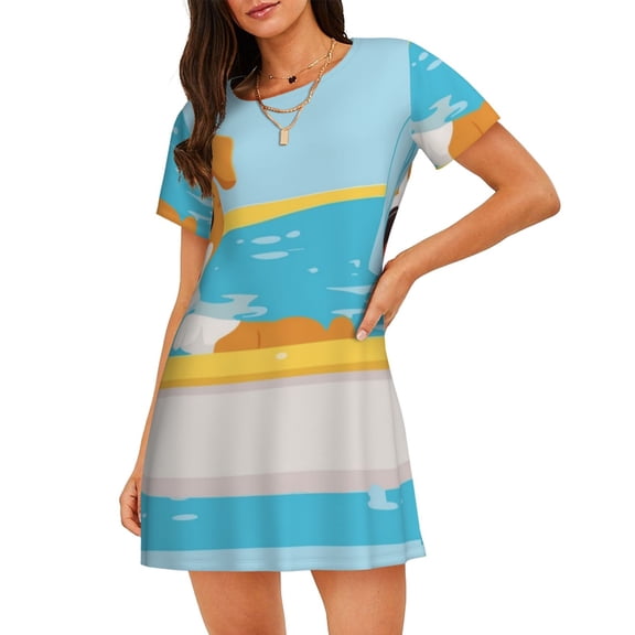 Xecao Cute Dog In Bath for Women's Loose Nightgown Sleepwear Short Sleeves Shirt Casual Print Sleepdress