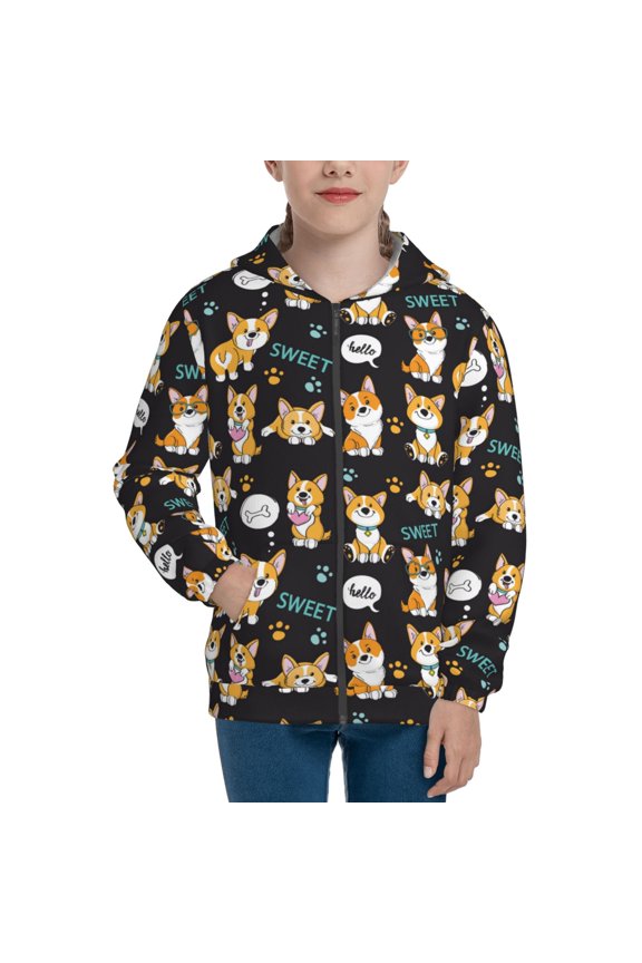 Cute Dogs Corgi Pattern Zip Up Hoodies for Boys Girls, Sweatshirt with Pockets-Small