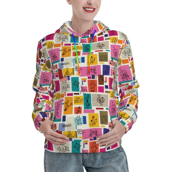 Xecao Cute Doodles Pattern Hoodies for Women Sweatshirts Long Sleeve Sweatshirts Pullover Outfits with Pocket-X-Large