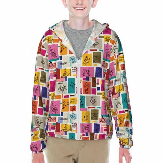 Xecao Cute Doodles Print Fishing Shirts for teenager Long Sleeve UV Sun Protection Hoodie with Zipper Outdoor Hiking Shirts-Large