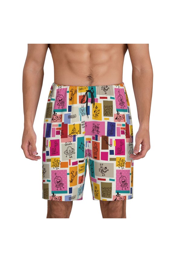 Xecao Cute Doodles Print Men's Sleepwear Shorts Pajama Bottom Lounge Short nightwear with Convenient Pockets for Relaxed Home Wear-Small