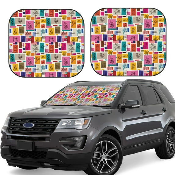 Xecao Cute Doodles for Foldable Car Sun Shades (2-Pack) offer sun protection with an easy-fold design for convenient windshield shading.