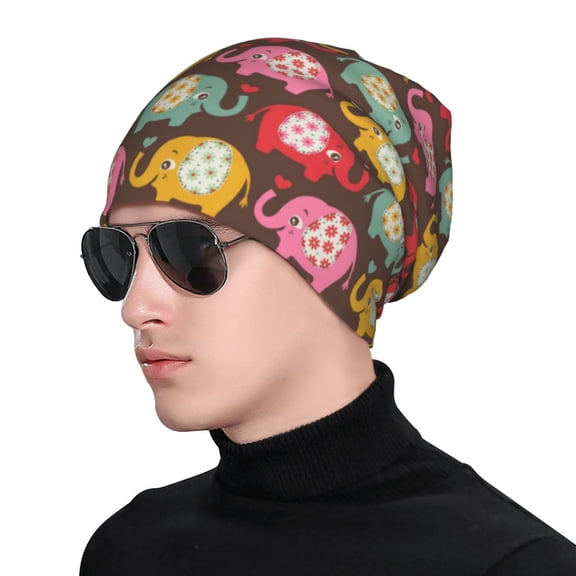 Xecao Cute Elephants Print Beanie Knitted Hat for Men Women, Winter Fashion Knit Cuffed Caps Unisex