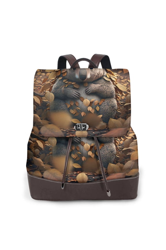 Cute Fallen Leaf Koala Print Large Backpack Soft Leather for Women Travel with Compartment, Adjustable Convertible Strap
