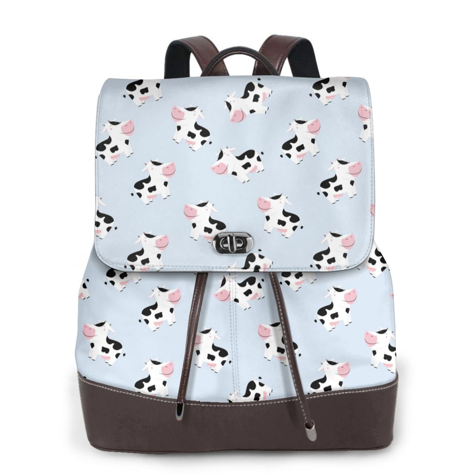Xecao Cute Farm Cow Print Large Backpack Soft Leather for Women Travel with Compartment, Adjustable Convertible Strap