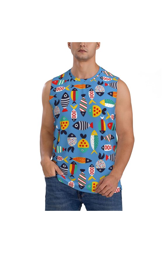 Cute Flat Fish Print Men's Tank Top: Sleek Sleeveless Tee for Casual Sports and Beach Occasions-Small