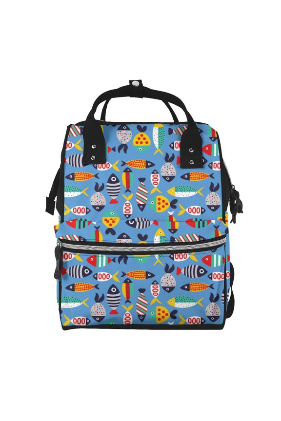 Cute Flat Fish print Large Capacity Nappy Bag is a multi-functional waterproof travel backpack, perfect as a nursing bag or mummy backpack for women