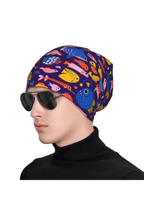 Cute Flat Hand Drawn Fishes Print Beanie Knitted Hat for Men Women, Winter Fashion Knit Cuffed Caps Unisex