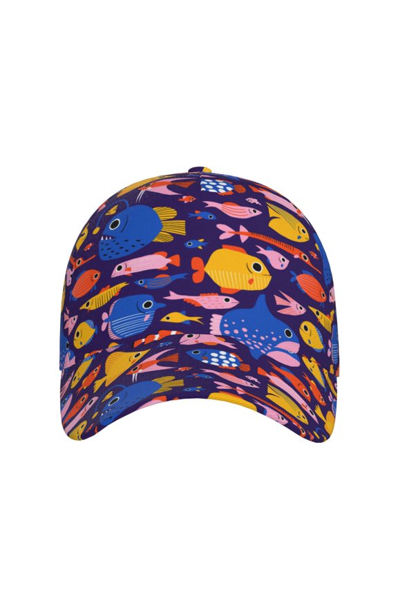 Cute Flat Hand Drawn Fishes for Baseball Cap: Unisex, crafted from classic polyester twill fabric, featuring a soft unconstructed design