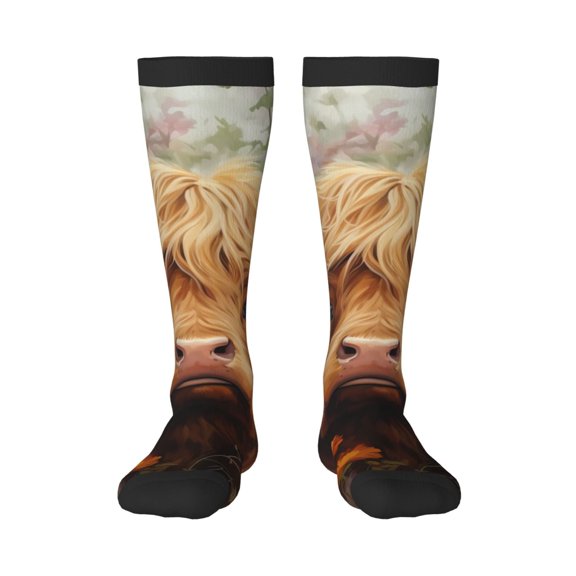 Xecao Cute Floral Cow print thigh-high socks, crafted for both men and women with a stretchy, high-opaque design perfect for daily wear