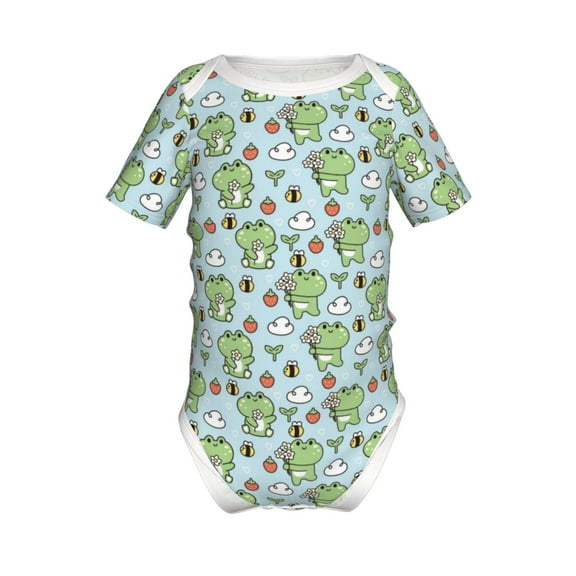 Xecao Cute Floral Frog Pattern Baby Climbing Bodysuit Short Sleeve Onesie Unisex 0-12 Months Baby Shirt Newborn Outfits Crotch snap design-