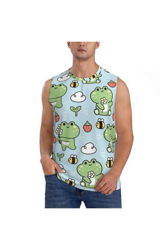 Cute Floral Frog Print Men's Tank Top: Sleek Sleeveless Tee for Casual Sports and Beach Occasions-Small