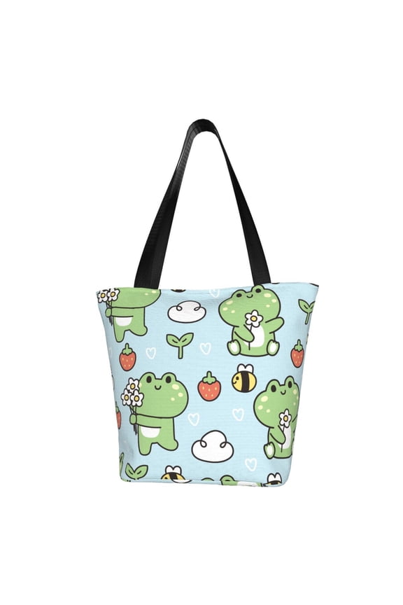 Cute Floral Frog for Tote Bag for Women -Tote Shoulder Bag with A Little Pocket Inside, Perfect for Travel and Work.