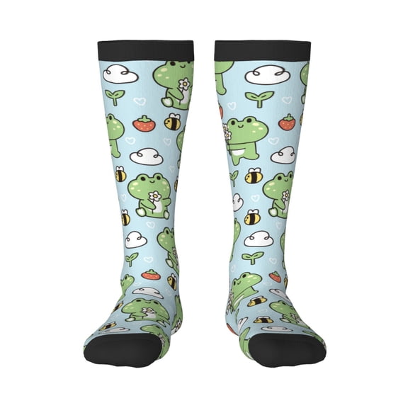 Xecao Cute Floral Frog print thigh-high socks, crafted for both men and women with a stretchy, high-opaque design perfect for daily wear