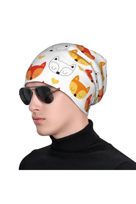 Cute Fox with Heart Print Beanie Knitted Hat for Men Women, Winter Fashion Knit Cuffed Caps Unisex