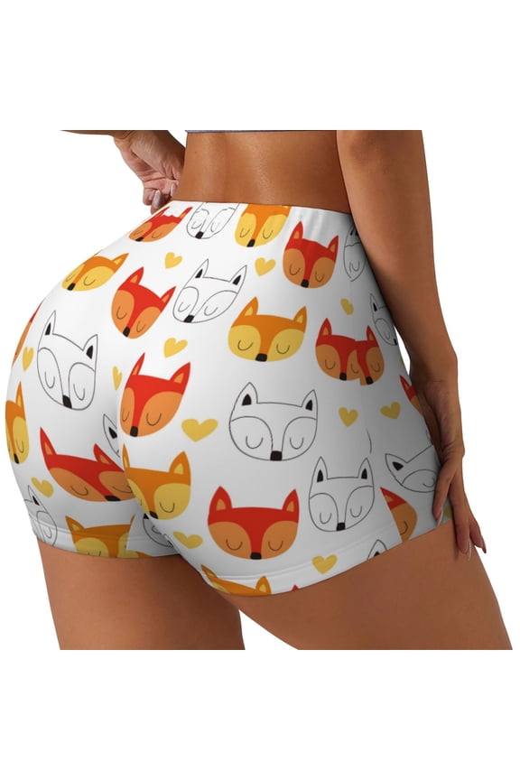Cute Fox with Heart Print Workout Shorts for Women Soft Smooth Gym Yoga Scrunch Active Tennis Workout Running Shorts-Medium
