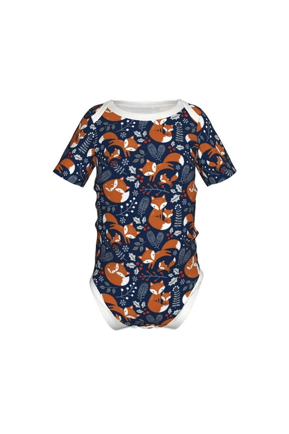 Cute Foxes Pattern Baby Climbing Bodysuit Short Sleeve Onesie Unisex 0-12 Months Baby Shirt Newborn Outfits Crotch snap design-