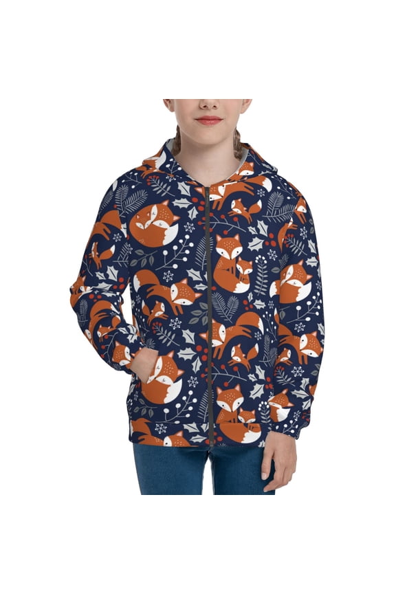 Cute Foxes Pattern Zip Up Hoodies for Boys Girls, Sweatshirt with Pockets-Medium