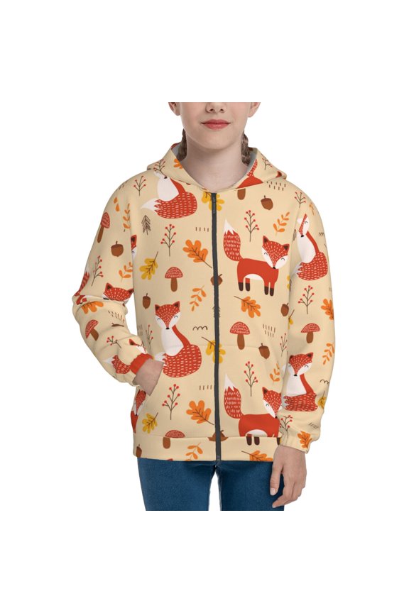 Cute Foxes Pattern Zip Up Hoodies for Boys Girls, Sweatshirt with Pockets-Small