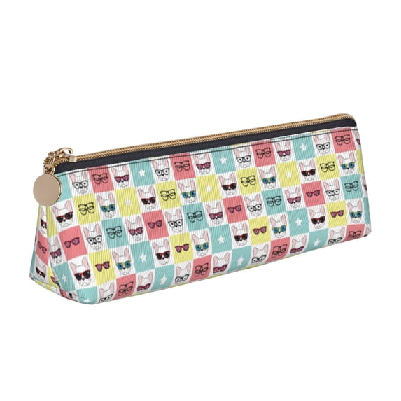 Xecao Cute French Bulldog Print Leather Pencil Case -Stationery Bag Pen Holder for Work & Office
