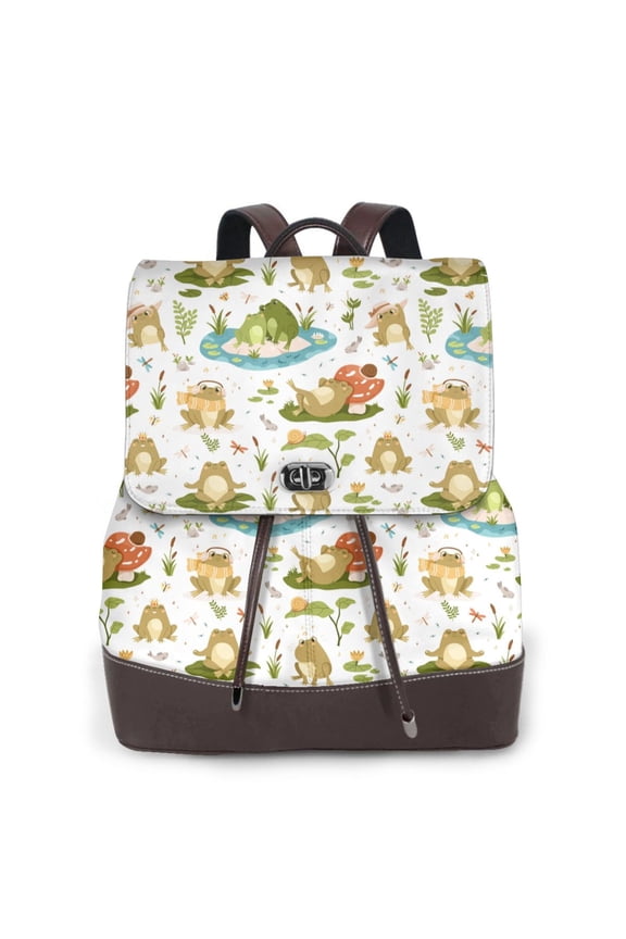 Cute Frog Print Large Backpack Soft Leather for Women Travel with Compartment, Adjustable Convertible Strap
