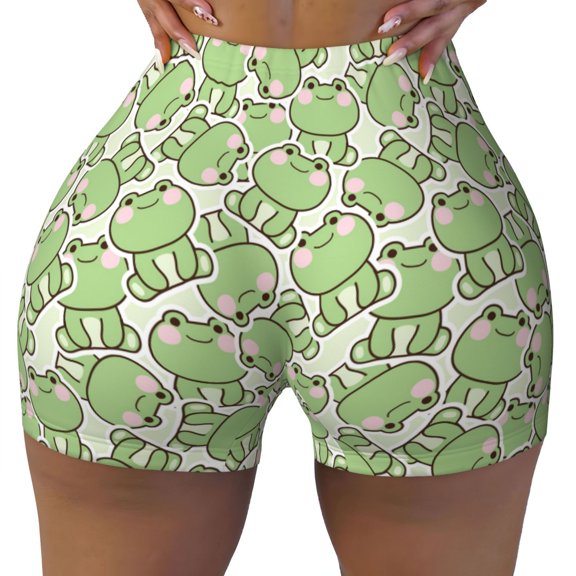 Xecao Cute Frog Print Workout Shorts for Women Soft Smooth Gym Yoga Scrunch Active Tennis Workout Running Shorts