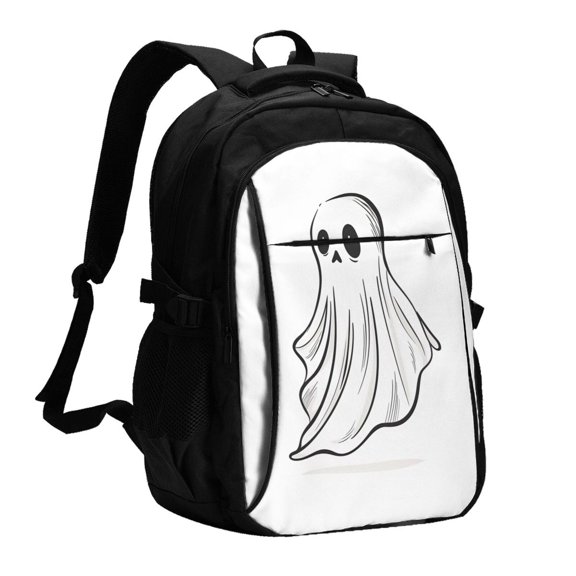 Xecao Cute Ghost Simple Drawing for Travel Laptop Backpack, USB-Charging-Enabled, Spacious Business Backpack for Men and Women,College School Computer Bag