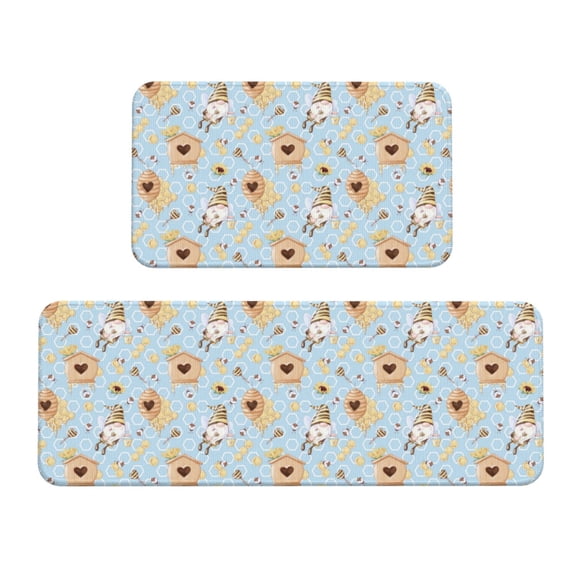 Xecao Cute Gnome Bee Collects Honey Patten Kitchen Rugs and Mats Sets,2 Pieces Non-Slip Washable Rugs, Kitchen Mat for Floor,Suit for Kitchen Decor and Accessories