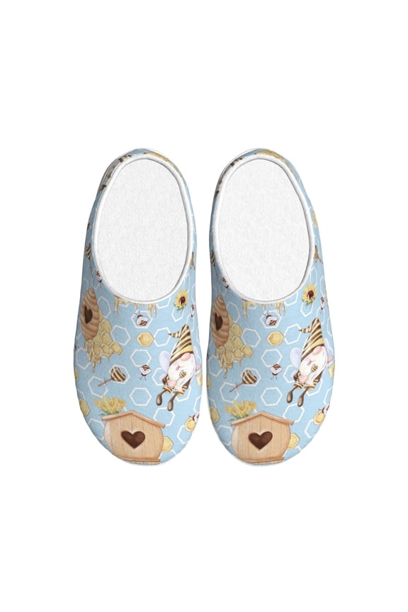 Cute Gnome Bee Collects Honey Print Cotton Slippers Fuzzy Warm Cozy Slippers Non Slip House Slippers For Indoor Outdoor Cotton Slippers House Slippers-37/38