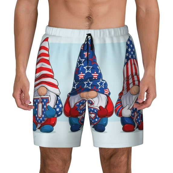 Xecao Cute Gnomes in USA1 for Men's Swimming Trunks Swim Trunks Quick Dry Swim Shorts with Mesh Lining Funny Swimwear Bathing Suits