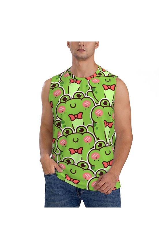 Cute Green Frog Print Men's Tank Top: Sleek Sleeveless Tee for Casual Sports and Beach Occasions-Large