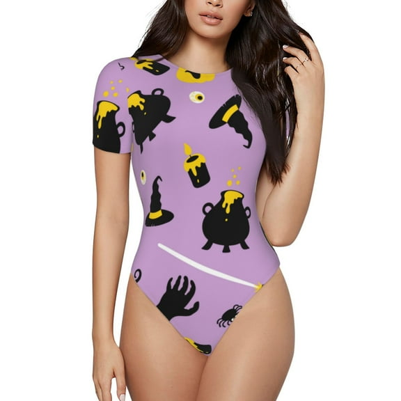 Xecao Cute Halloween Pattern Women's Crew Neck Body Suit, Short-Sleeved Bodysuit and Basic Swimsuit,Both Comfort and Style for Dating and Daily life -XX-Large